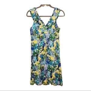 New Directions Blue and Yellow V Neck Floral Dress